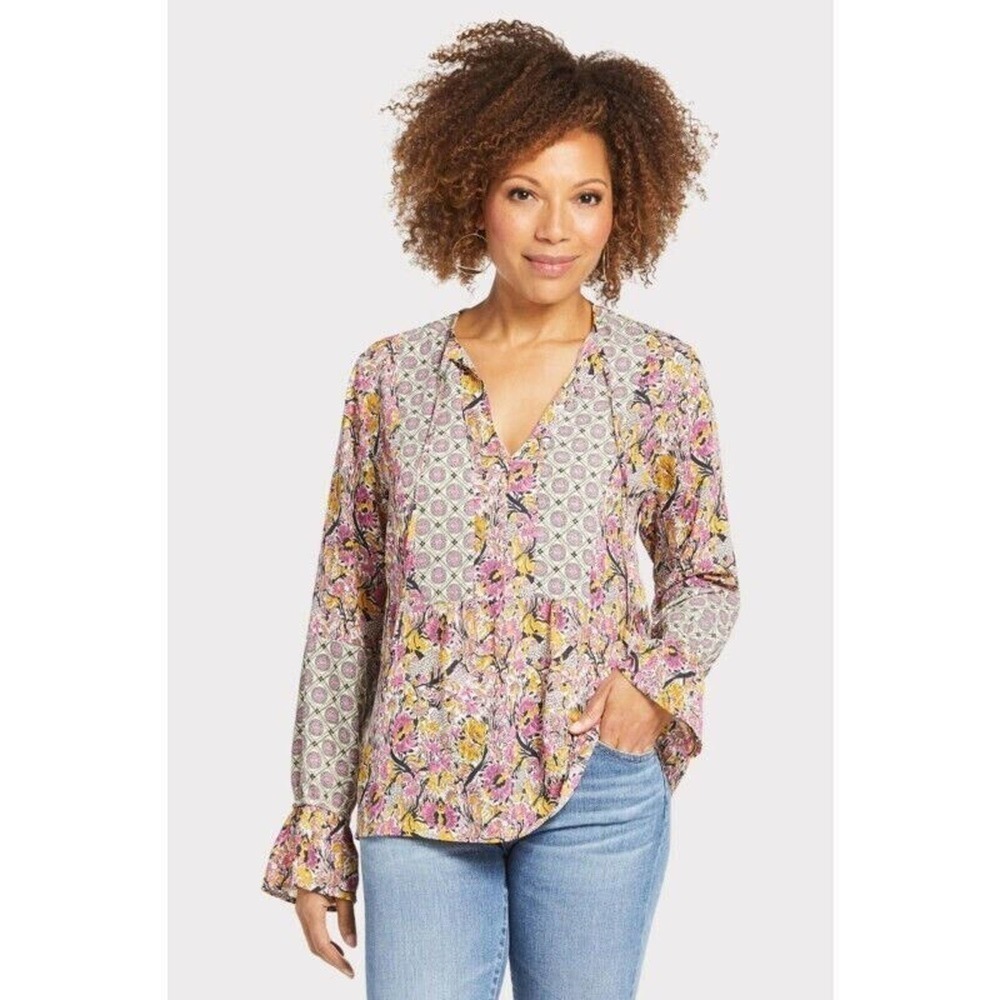 Allison Joy Mackenzie Floral Top Size Small Peasant Floral Split Notch V Chiffon